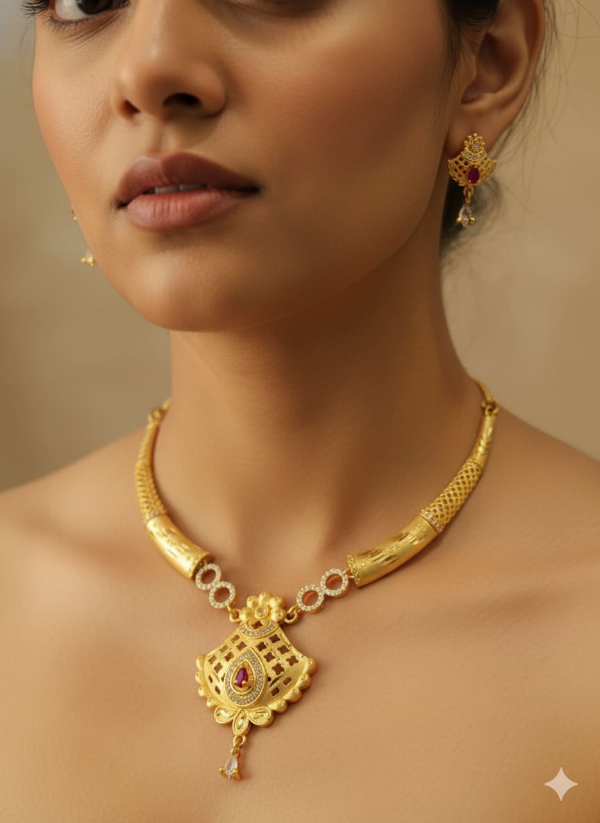 Micro Gold Plated Ad Dimaond Studed Floral Forming Necklace With Earring