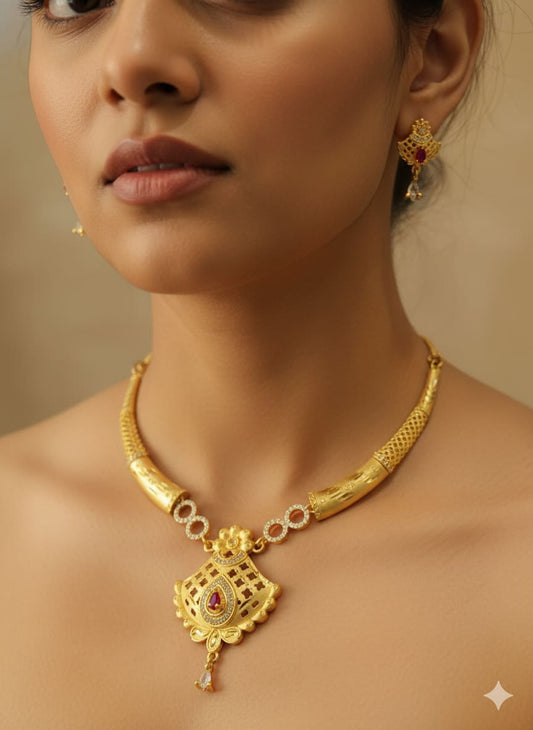 Micro Gold Plated Ad Dimaond Studed Floral Forming Necklace With Earring