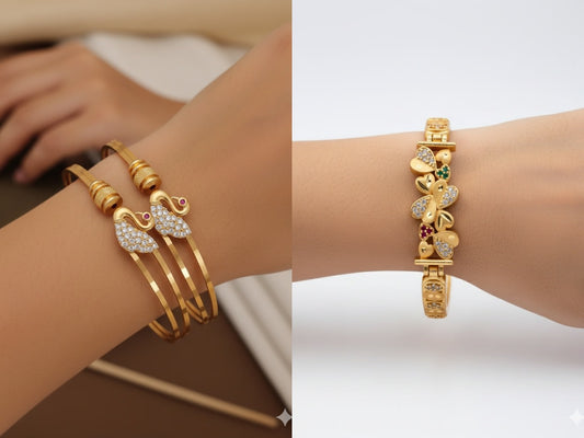 Micro Gold Plated Ad Diamond Studded Fancy Flower Bracelet With Swan Kadli Combo