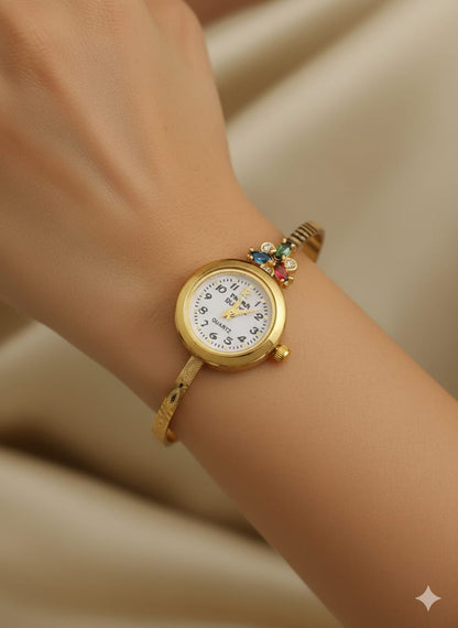 Micro Gold Plated Ad Diamond Flower Design Adjustable Bracelet Watch
