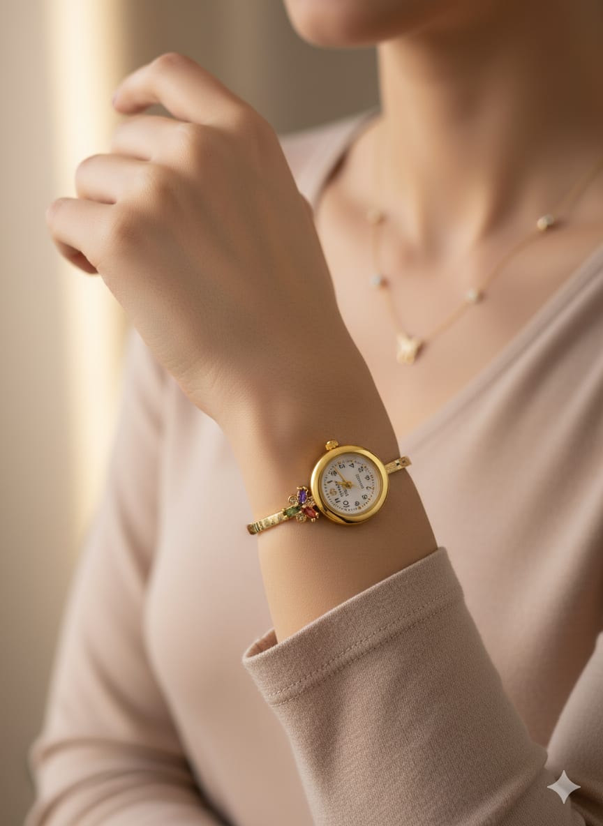 Micro Gold Plated Ad Diamond Flower Design Adjustable Bracelet Watch