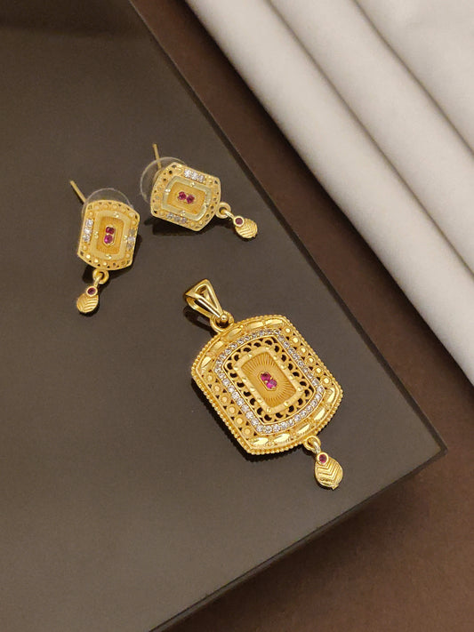 Micro Gold Plated AD Diamond Studded Fancy Square Pendant with Earrings for Women