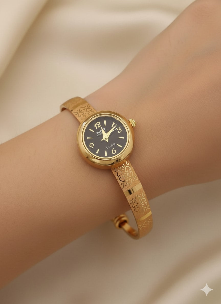 Micro Gold Plated Daily Wear Black Dial Adjustable Braclet Watch