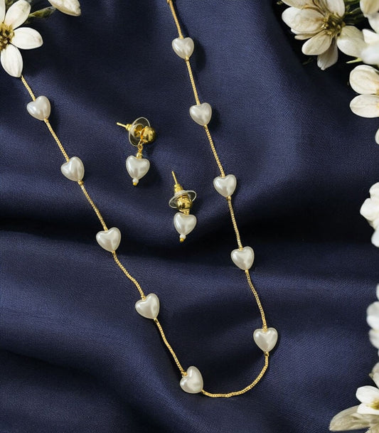 Micro Gold Plated Daily Wear Fancy Pearl Heart Chain With Earrings For Women