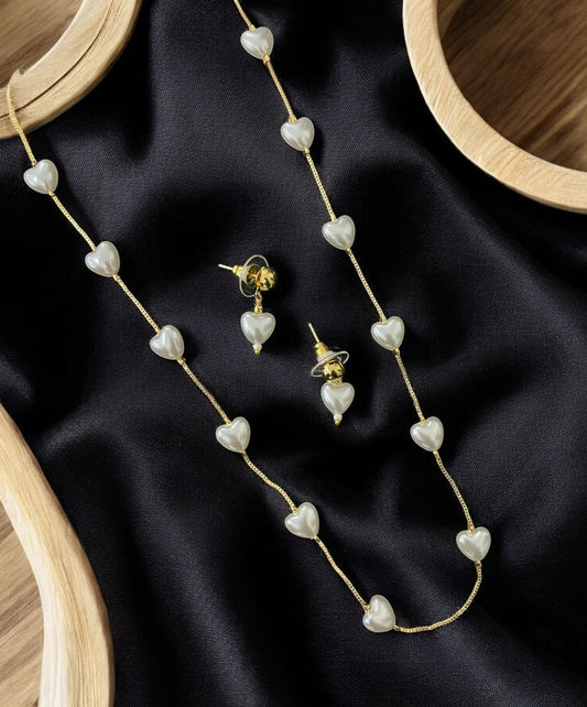 Micro Gold Plated Daily Wear Fancy Pearl Heart Chain with Earrings for Women
