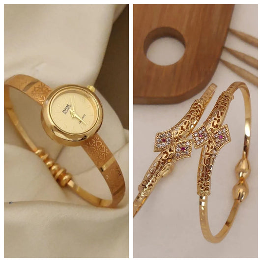 Micro Gold Plated Designer Fancy Watch And Adjustable Barcelet Combo