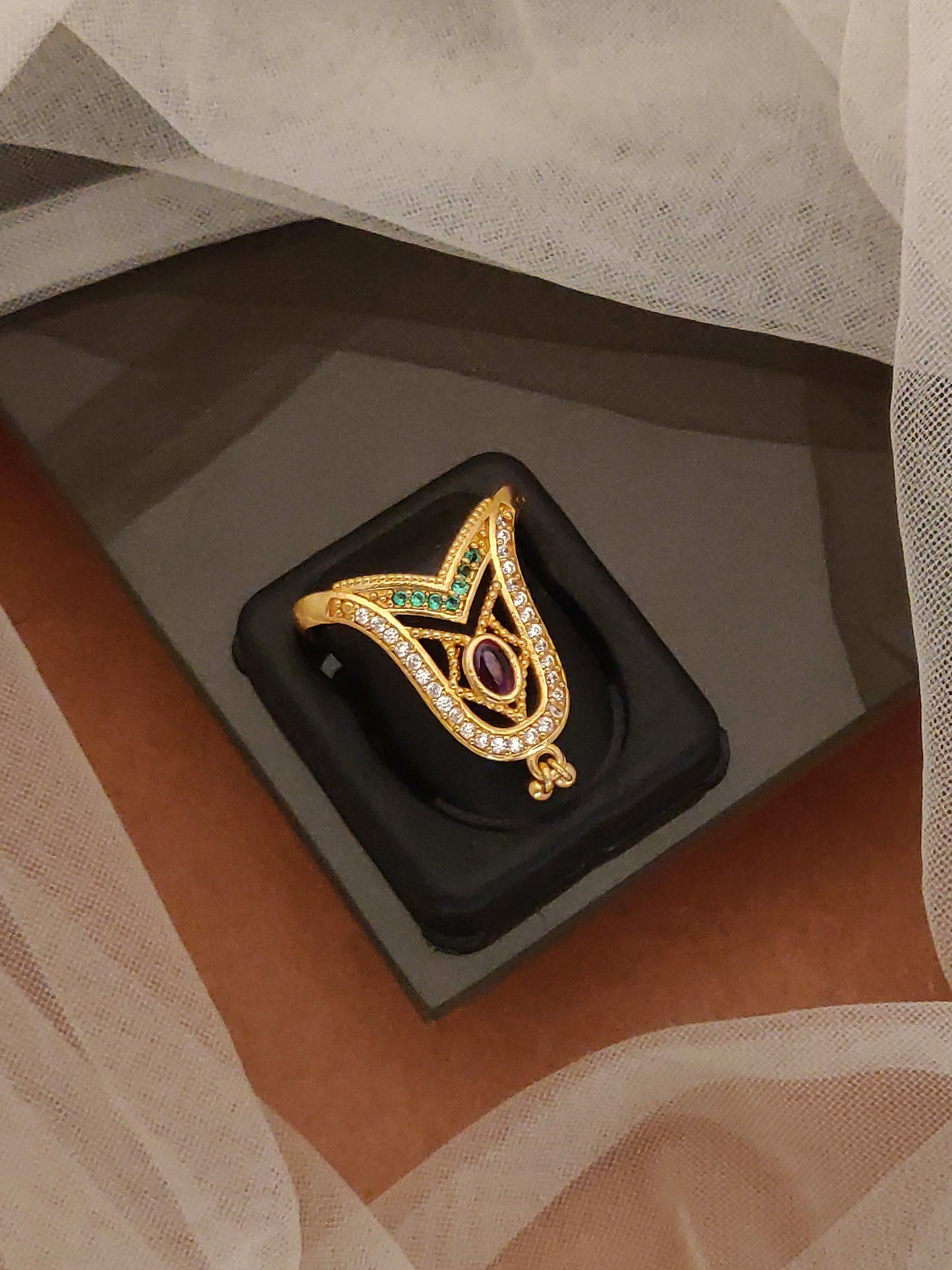 Micro Gold Plated Kemp Stone Studded Adjustable Ring for Women