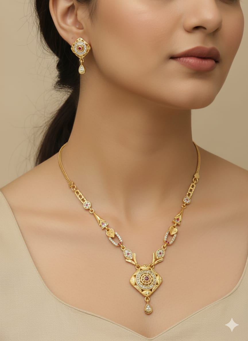 Micro Gold Plated Ad Diamond Studded Forming Square Necklace With Earrings For Women