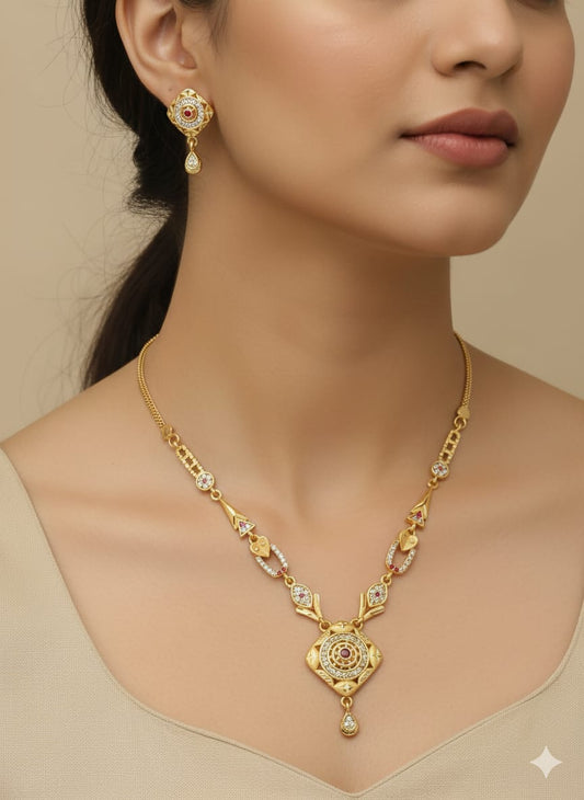 Micro Gold Plated Ad Diamond Studded Forming Square Necklace With Earrings For Women