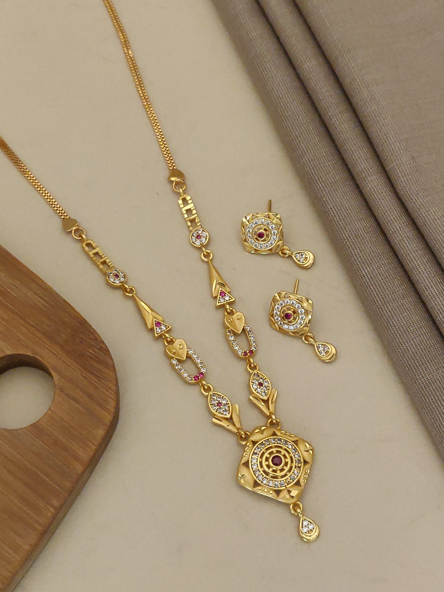 Micro Gold Plated Ad Diamond Studded Forming Square Necklace With Earrings For Women
