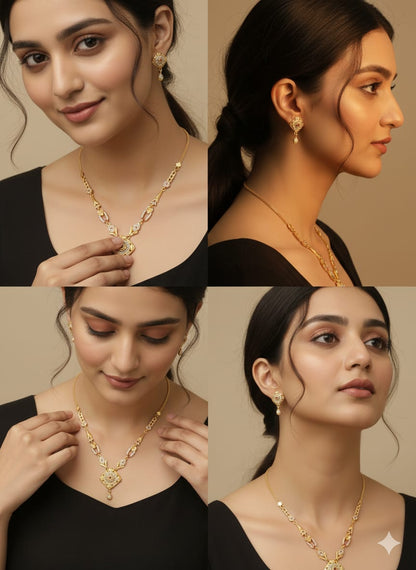 Micro Gold Plated Ad Diamond Studded Forming Square Necklace With Earrings For Women