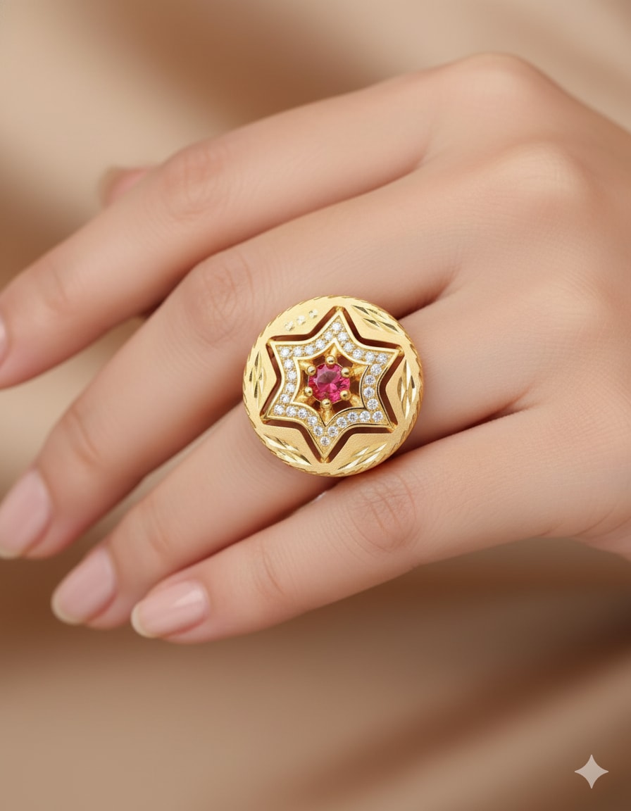 Micro Gold Platedc Ad Diamond Studed Fancy Adjustable Star Ring