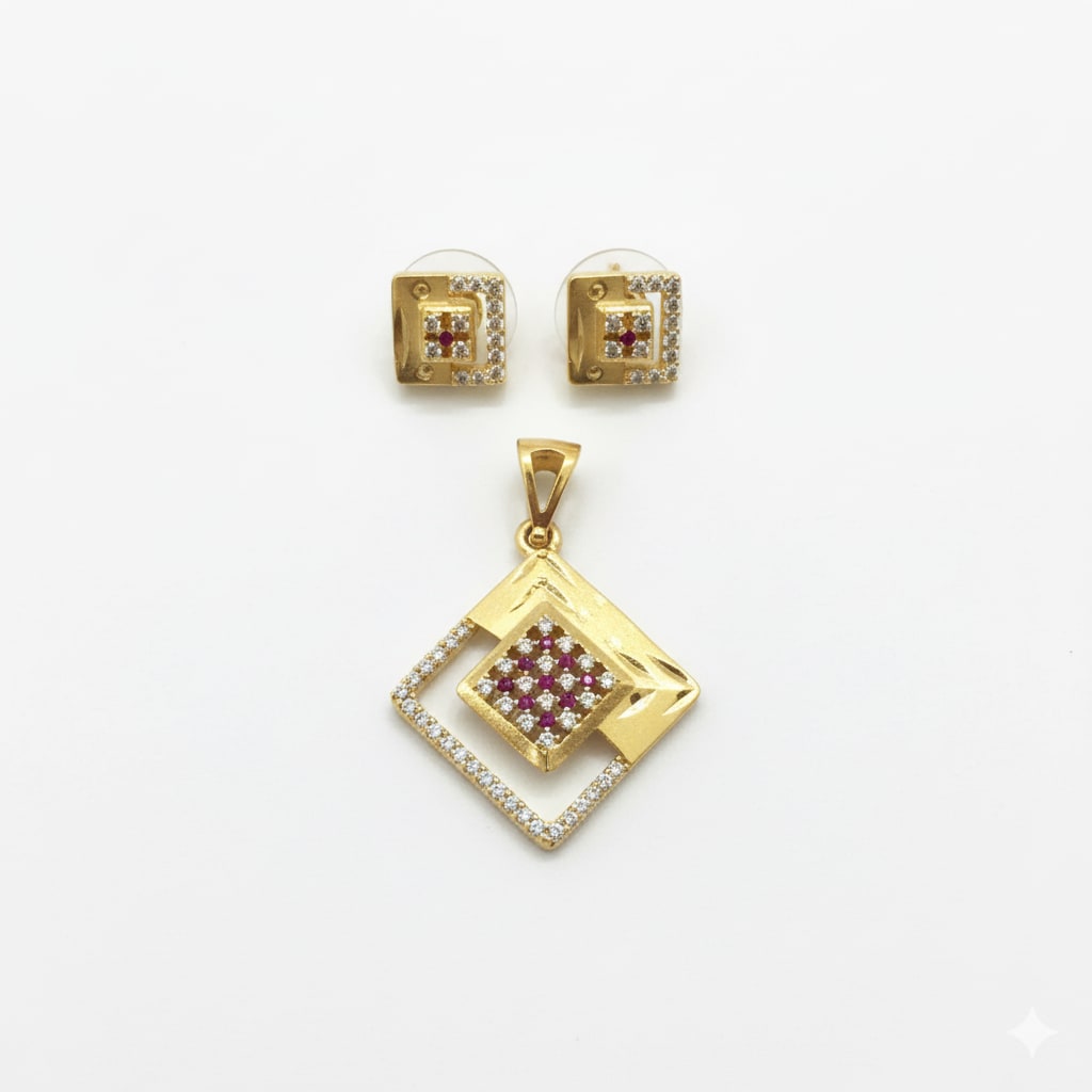 Micro Gold Plated Ad Diamond Studded Fancy Square Pendant With Earrings