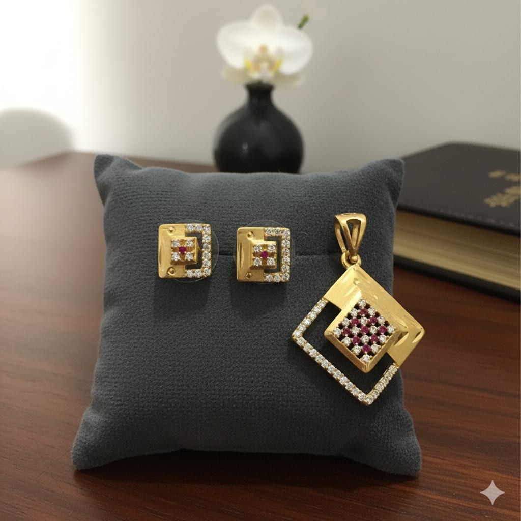 Micro Gold Plated Ad Diamond Studded Fancy Square Pendant With Earrings