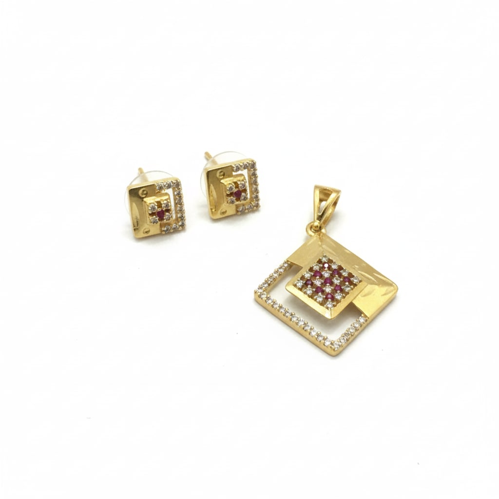 Micro Gold Plated Ad Diamond Studded Fancy Square Pendant With Earrings