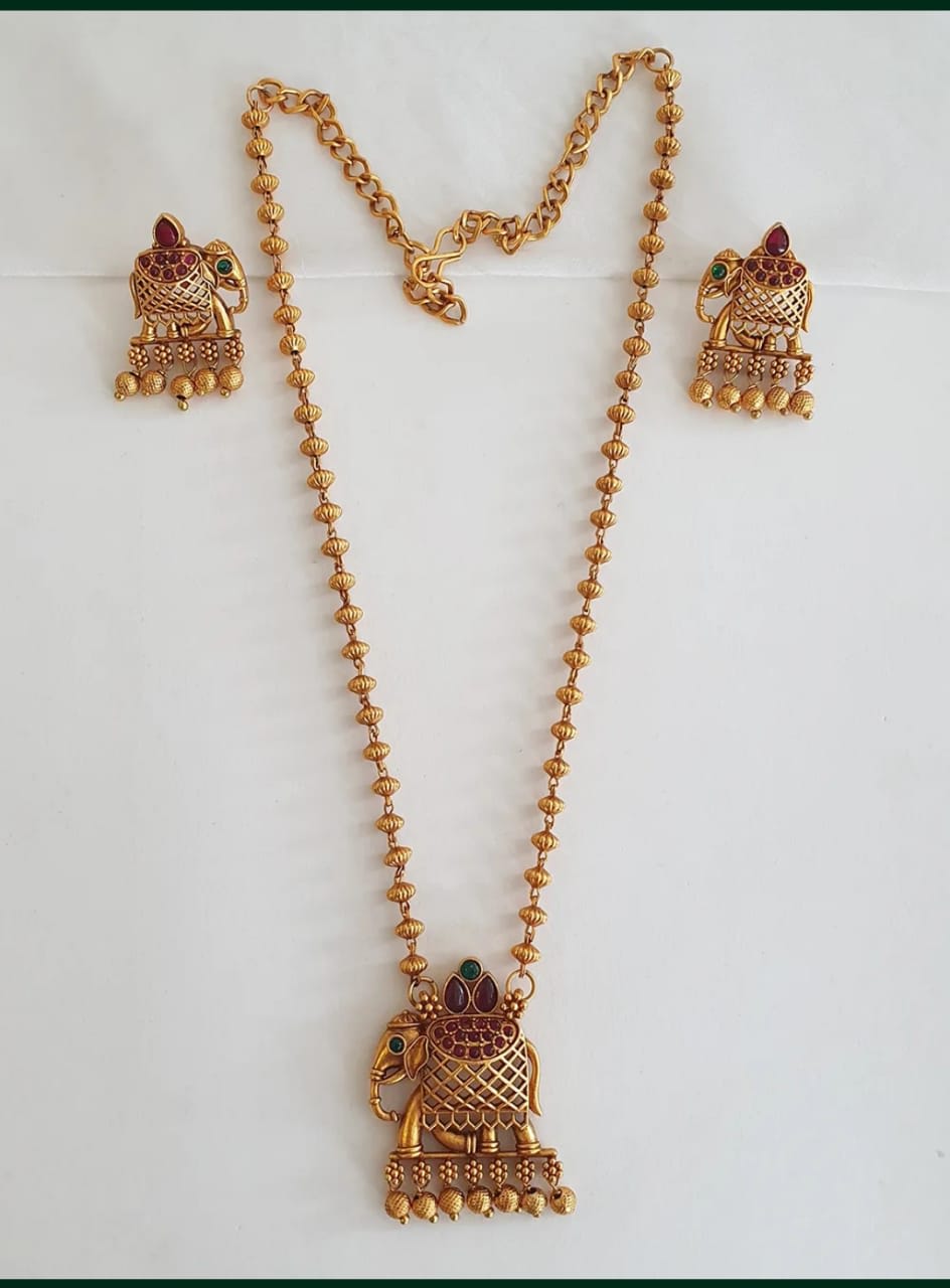 Antique Finish Elephant Pendant Necklace with Ball Mala and Matching Earrings for Women