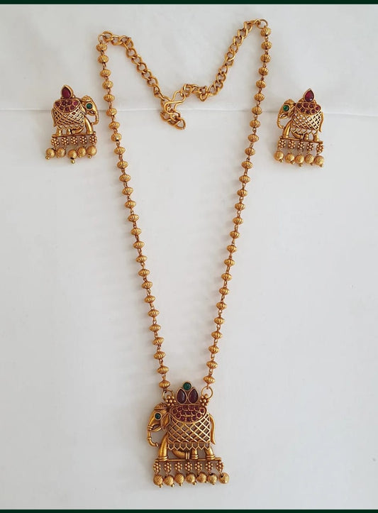 Antique Finish Elephant Pendant Necklace with Ball Mala and Matching Earrings for Women