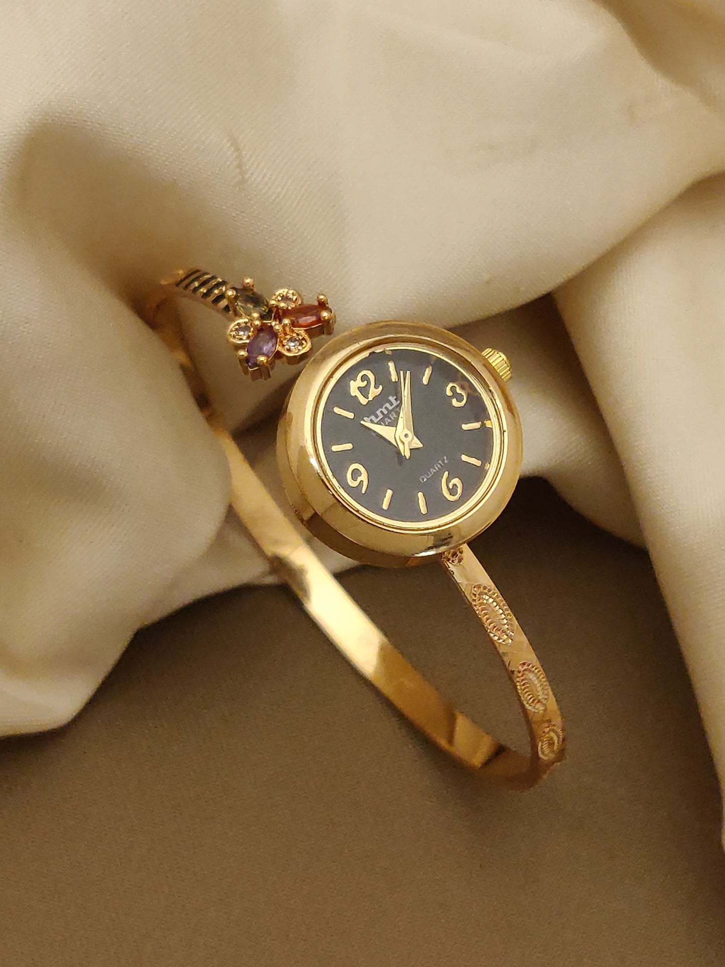 Premium High Gold Plated Ad Diamond Studded Flower Adjustable Black Watch For Women