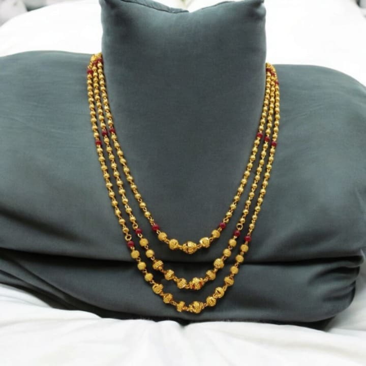 Red Pearl Studded Beautifully Gold Plated 3 Layer Chain