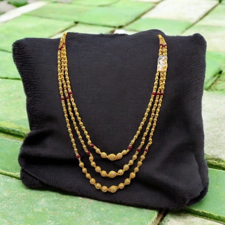 Red Pearl Studded Beautifully Gold Plated 3 Layer Chain