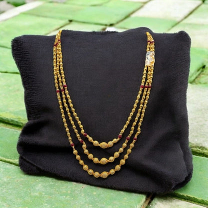 Red Pearl Studded Beautifully Gold Plated 3 Layer Chain