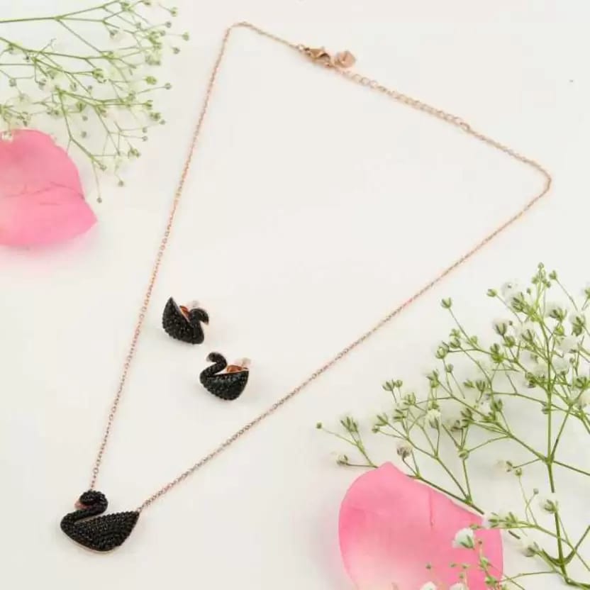 Origional Stainless Steel Black Beeds Studed Fancy  Duck Chain With Earrings