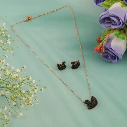 Origional Stainless Steel Black Beeds Studed Fancy  Duck Chain With Earrings