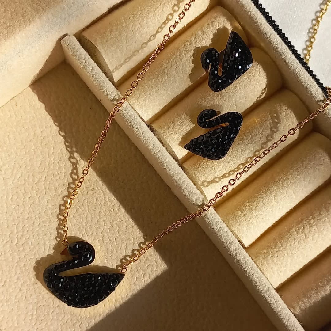 Origional Stainless Steel Black Beeds Studed Fancy  Duck Chain With Earrings