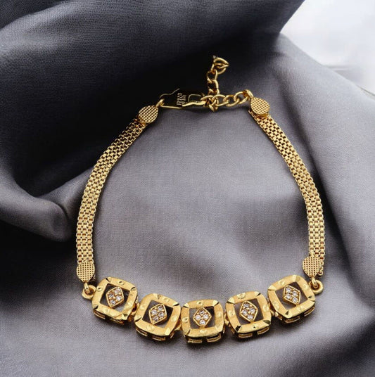 Micro Gold Plated Ad Diamond Studded Fancy Square Bracelet