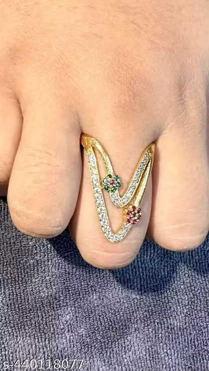 Gold Plated Kemp Stone Stded Flower Design U Shape Ring
