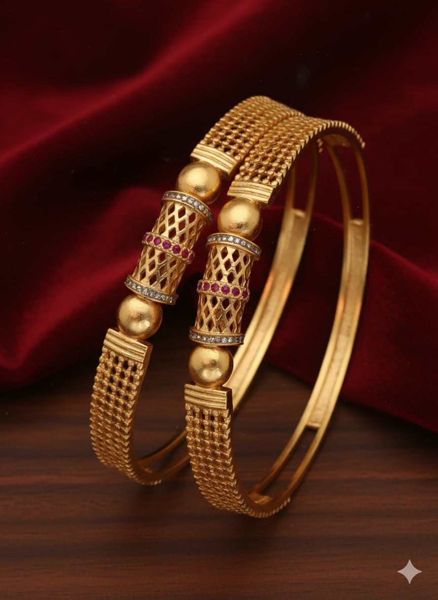 Stylish Gold Plated Fancy 2 Pcs Bangles With Ad Ruby Stones For Women