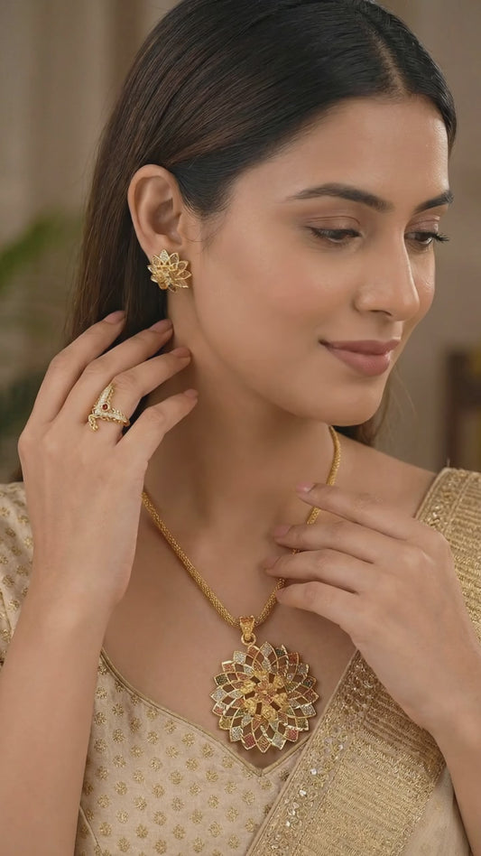 Designer Gold Plated Rangoli Flower Pendent Set With Beautyfull Ring