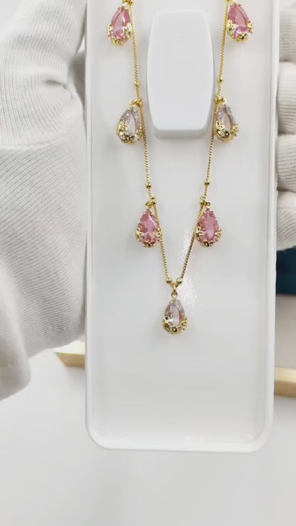 Elegant Dual-Tone Teardrop AD Pendant oval pink chain