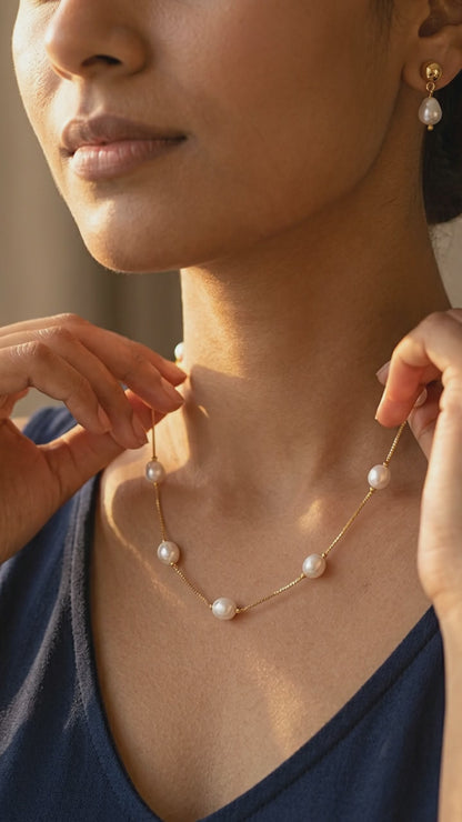 Gold Plated Pearl Drop Fancy Chain Necklace With Earrings For Women