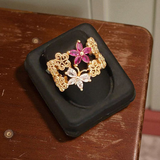 Designer Rose Gold Plated Ad Diamond Adjustable Ruby Flower Broad Ring For Women