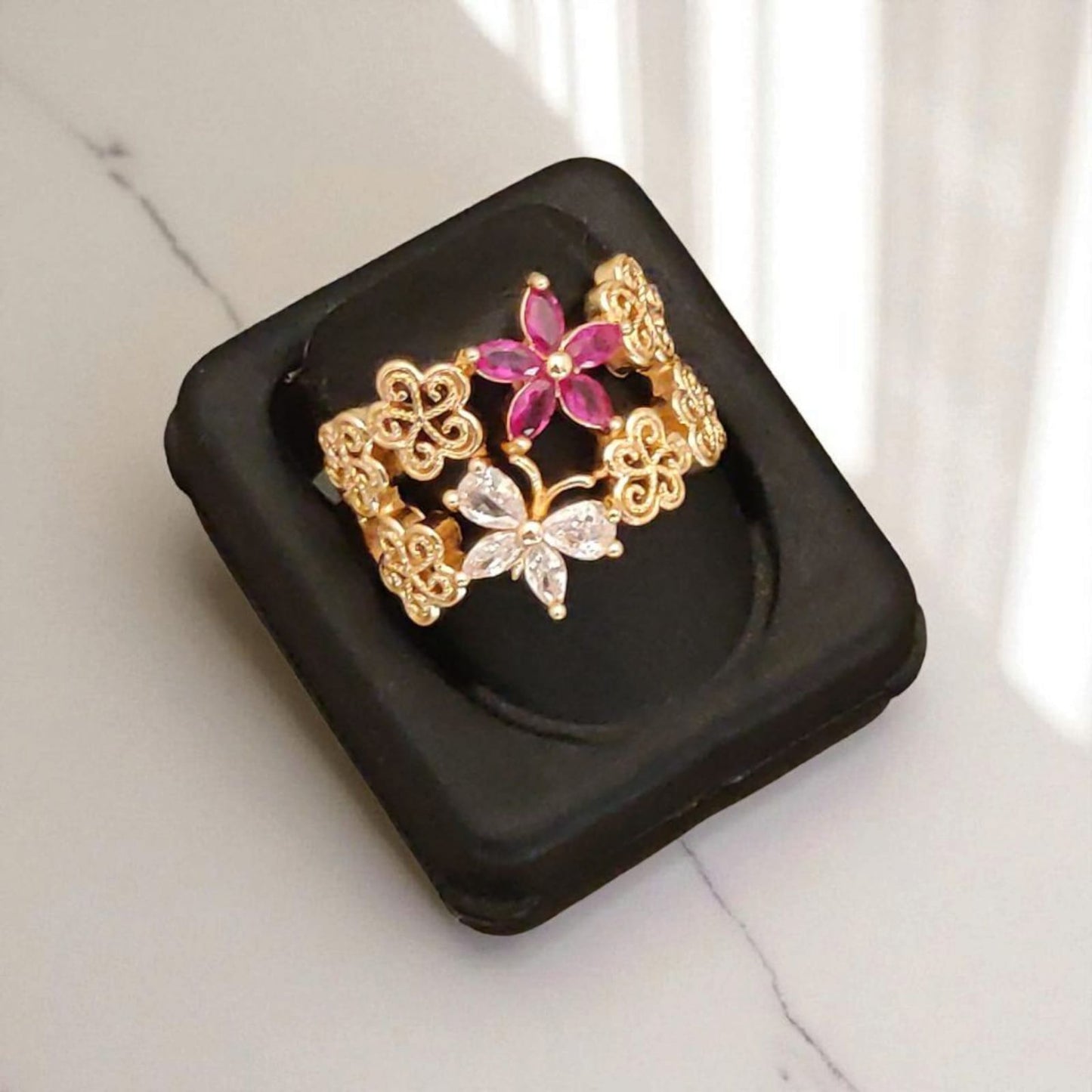 Designer Rose Gold Plated Ad Diamond Adjustable Ruby Flower Broad Ring For Women