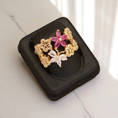 Designer Rose Gold Plated Ad Diamond Adjustable Ruby Flower Broad Ring For Women