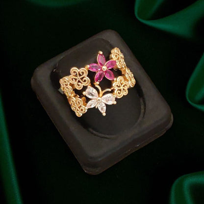 Designer Rose Gold Plated Ad Diamond Adjustable Ruby Flower Broad Ring For Women