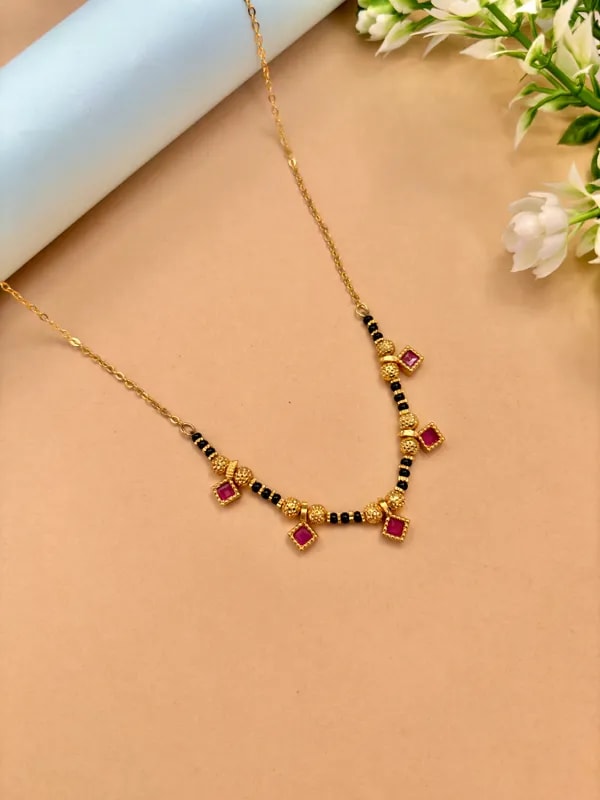 Gold Plated Ruby Stone Daily Wear Square Design 18' Mangalsutra