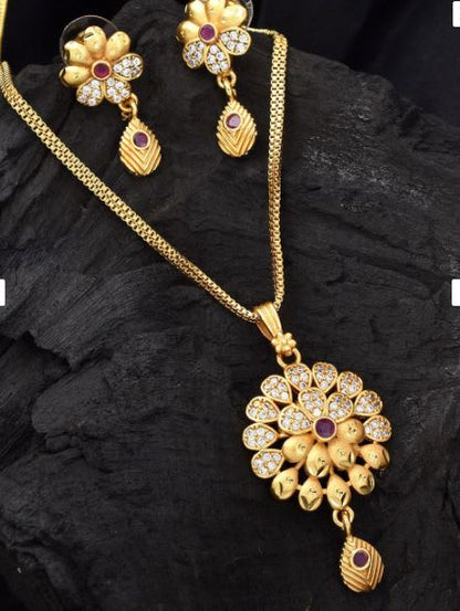 Micro Gold Plated Ad Diamond Studded Fancy Flower Pendant Set With Forming Chain For Women