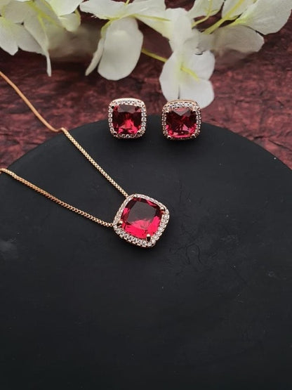 Western Stainless Rose Gold Plated Red Cz Dimond Pendent Chain With Red Ad Earrings (1 Pair)