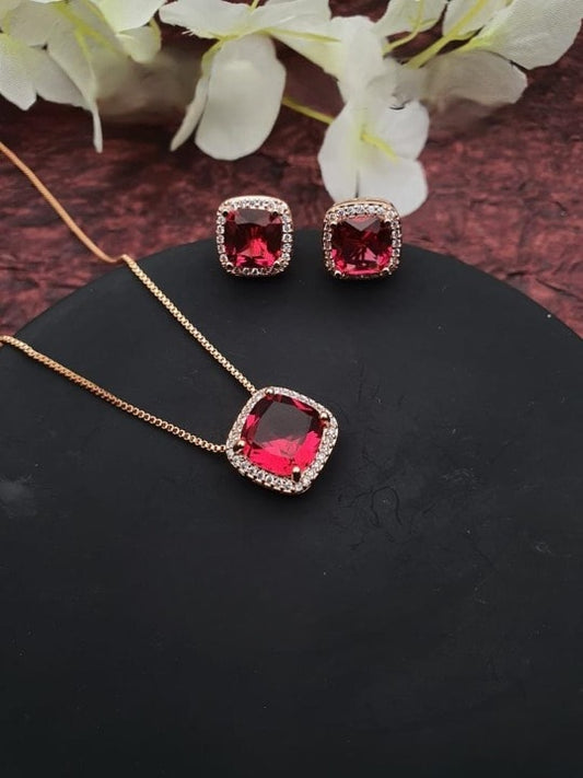 Western Stainless Rose Gold Plated Red Cz Dimond Pendent Chain With Red Ad Earrings (1 Pair)