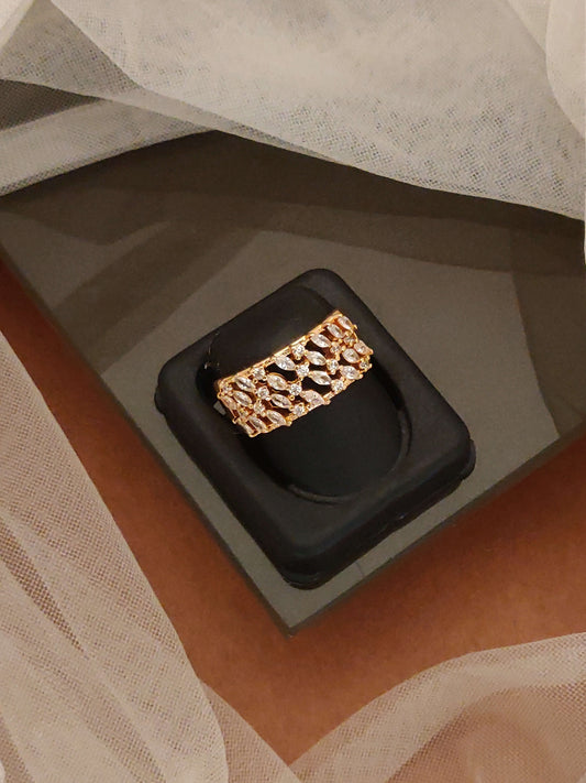 Rose Gold Plated AD Diamond Studded Fancy Adjustable Broad Ring for Women