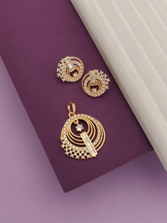 rose gold plated ad diamond studed fancy round pendent with earring