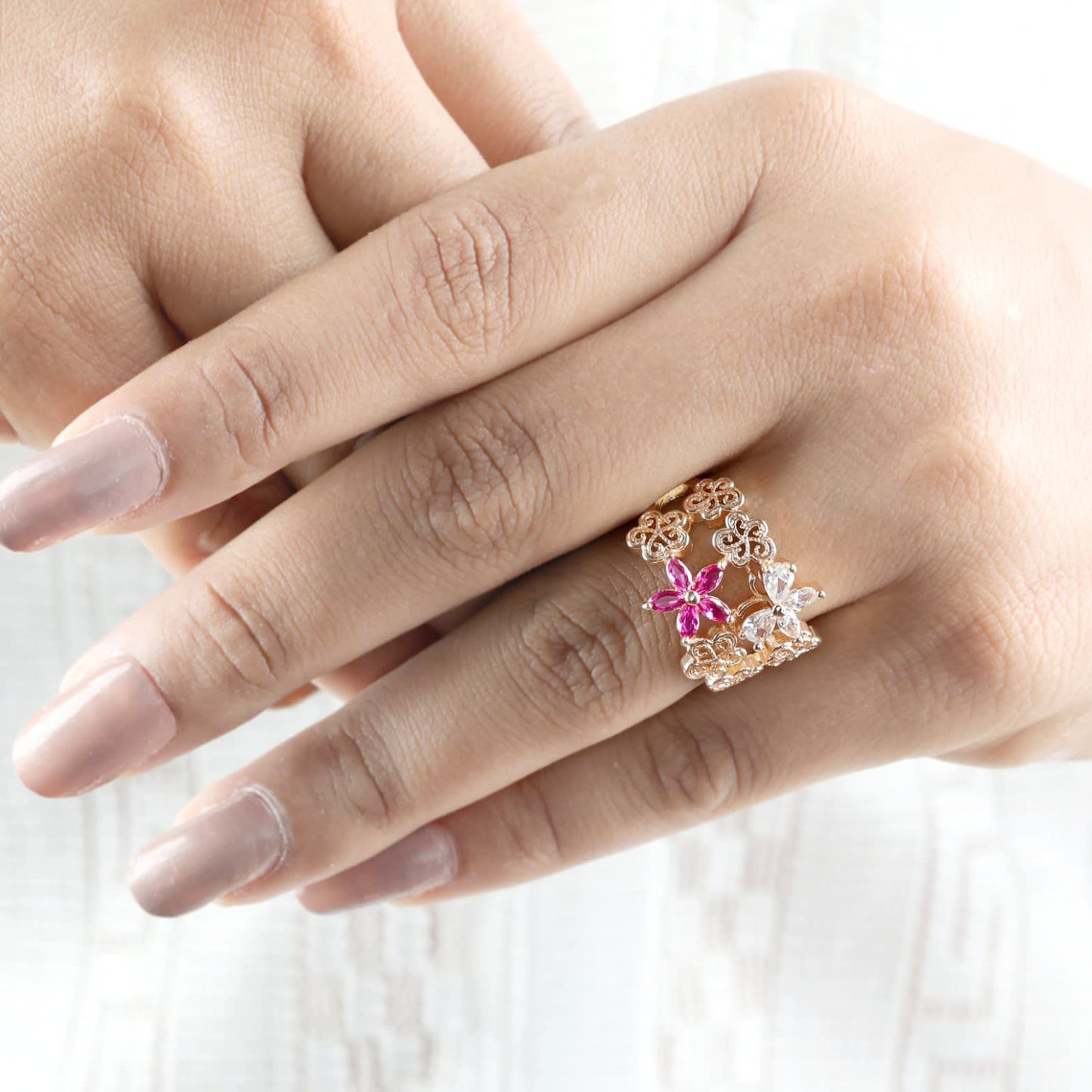 Rose Gold Plated Ruby Stone Broad Adjustable Diamond Ring
