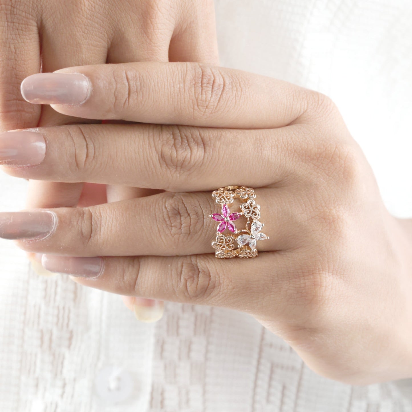 Rose Gold Plated Ruby Stone Broad Adjustable Diamond Ring