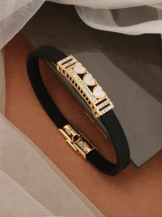 Rose Gold Plated Black Leather Heart Bracelet with AD Diamonds for Women