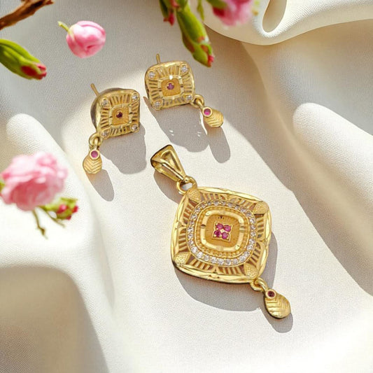 Micro Gold Plated Ad Diamond Studded Fancy Square Pendant Set For Women