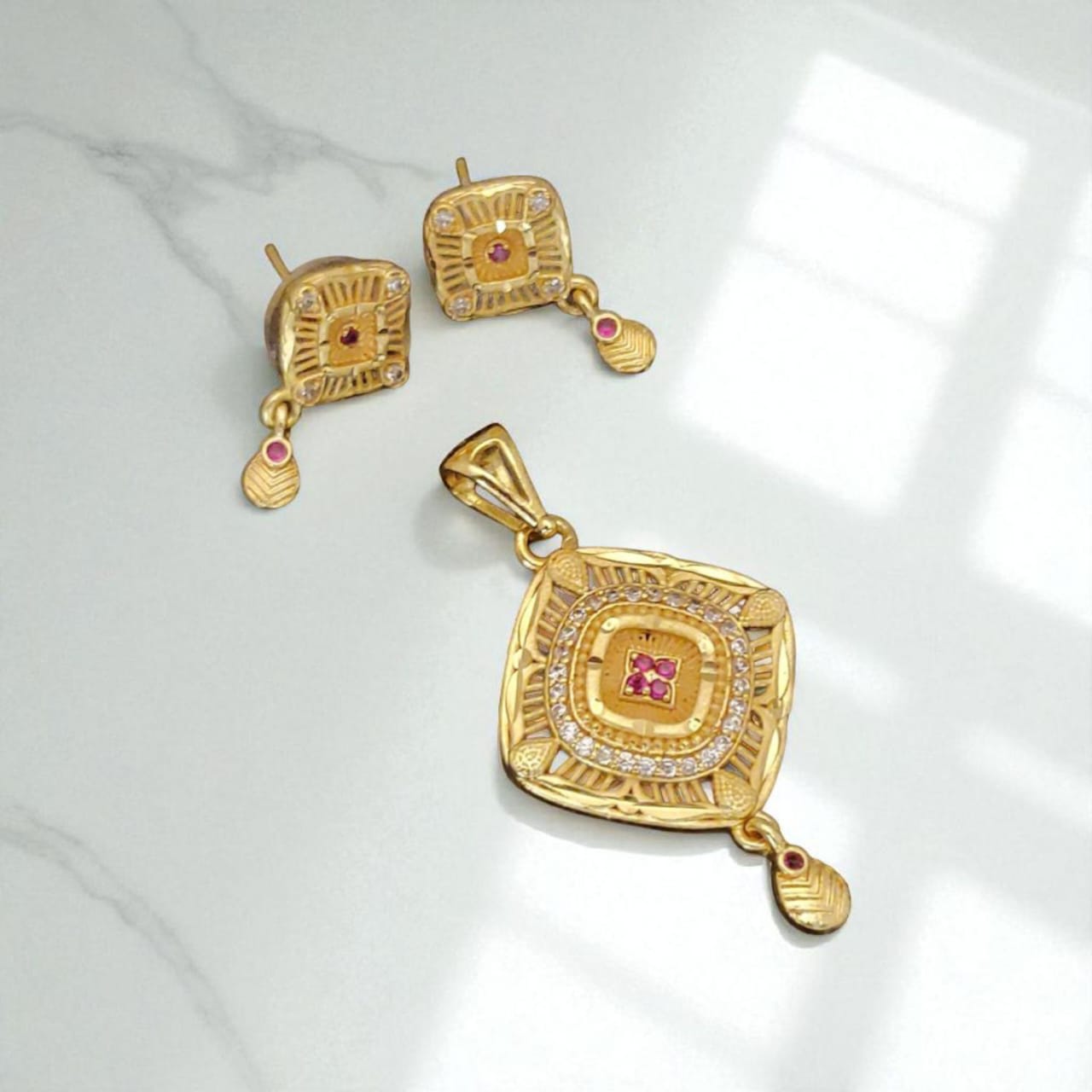 Micro Gold Plated Ad Diamond Studded Fancy Square Pendant Set For Women