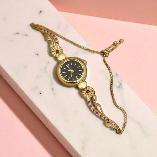 Gold Plated White Dial Floral Bracelet Watch For Women